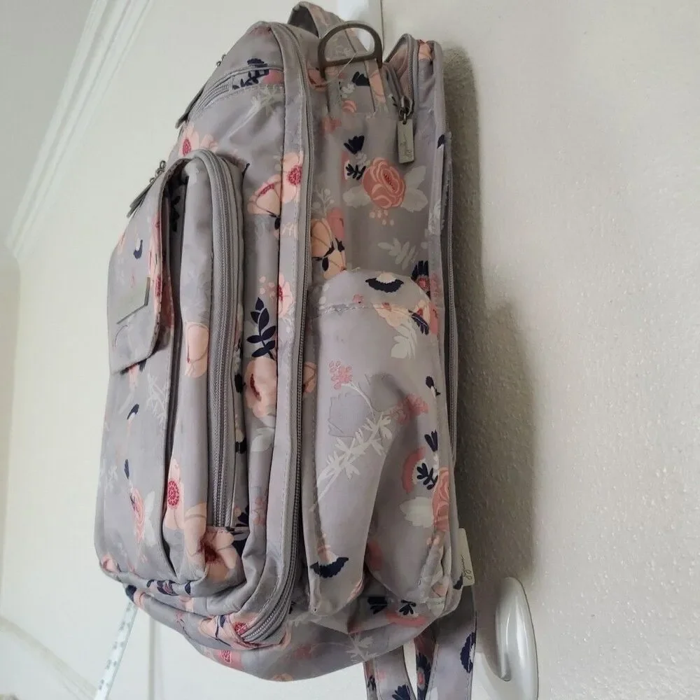 JuJuBe Be Right Back Multi-Function Diaper Backpack Floral Gray Multi Zip Pocket